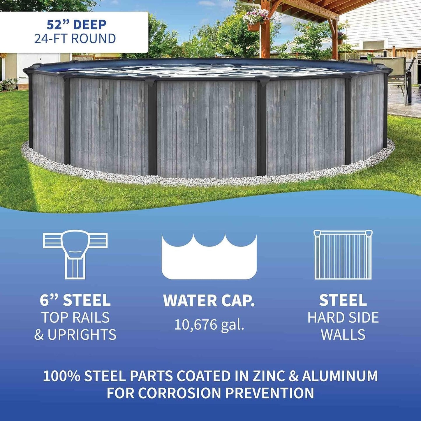 Blue Wave San Pedro 24-ft Round 52-in Deep 6-in Top Rail Above Ground Steel Wall Swimming Pool