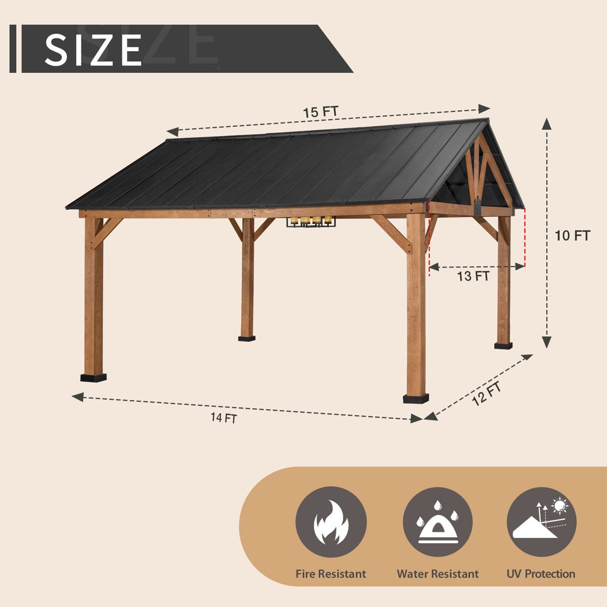 JOYSIDE 15 ft. x 13 ft. Solid Cedar Wood Outdoor Patio Hardtop Gazebo