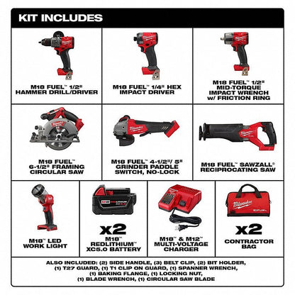MILWAUKEE Cordless Tool Combination Kit: 7 Tools, 18 V DC Volt, Battery Included, M18 FUEL™, M18™