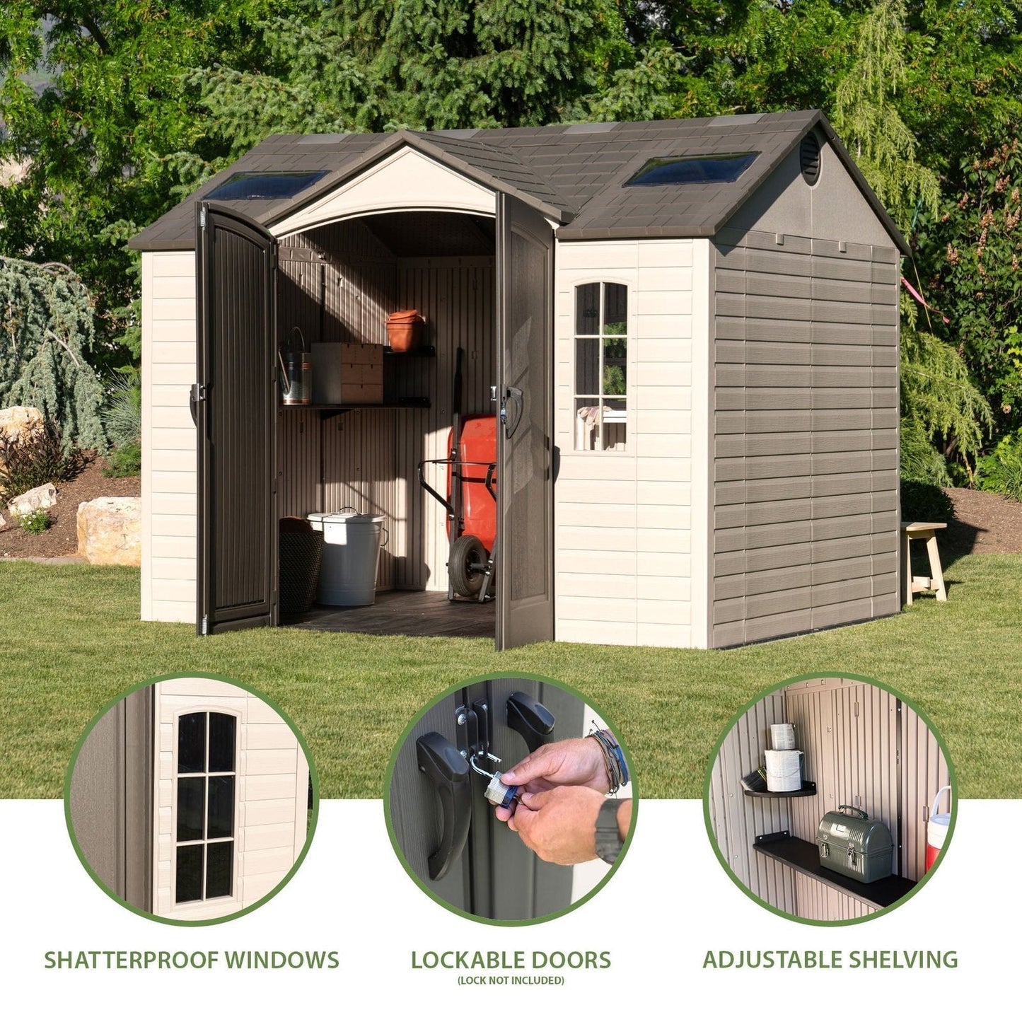 Lifetime Lockable Polyethylene Outdoor Storage Shed, 10′ x 8′, Tan & Brown (60005)