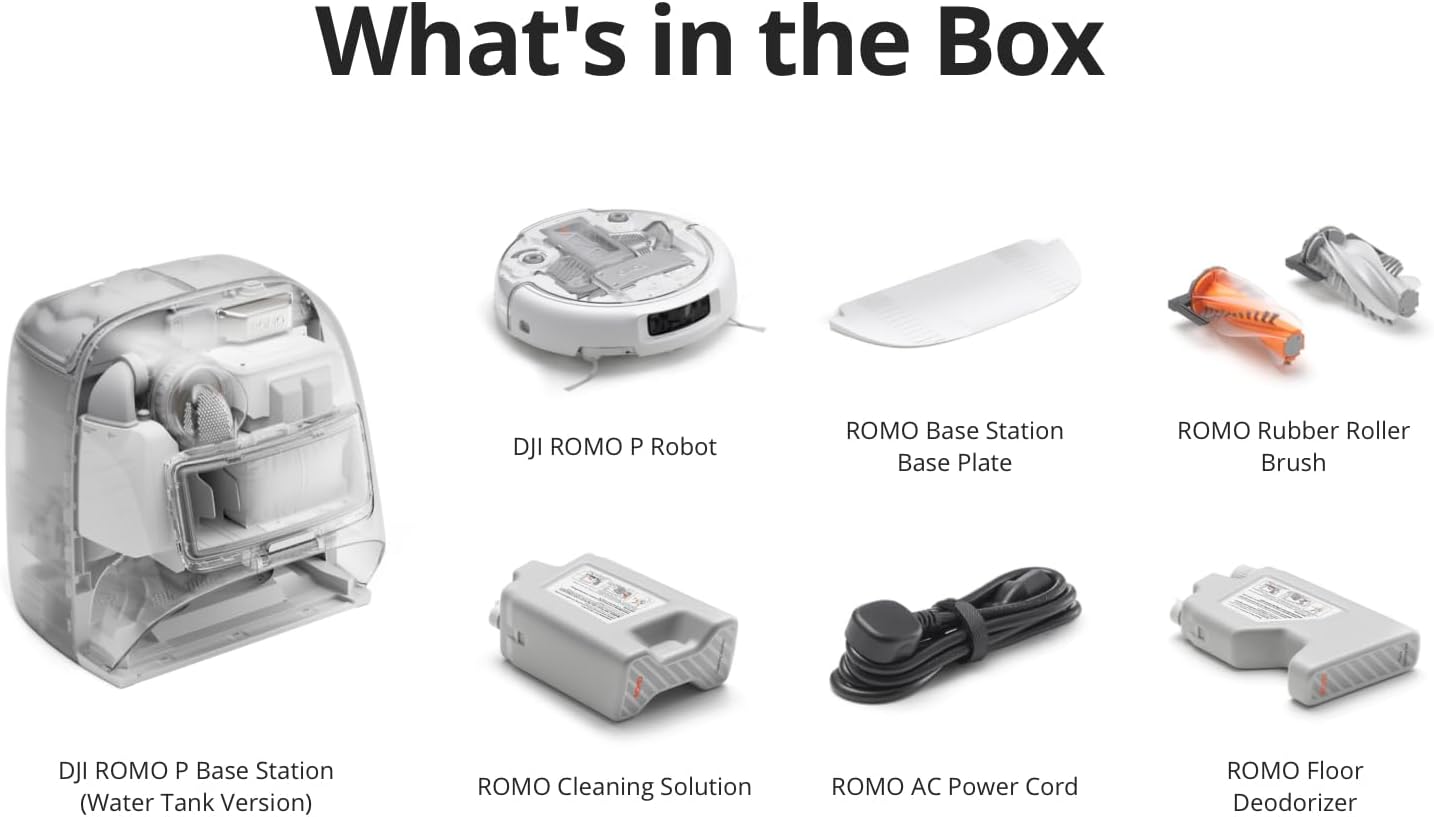 DJI ROMO P Robot Vacuum Cleaner and Mop With Transparent Design, 25,000 Pa Suction, Drone-Level Sensing, Dual Robotic Arms, 200-Day Maintenance-Free Operation, Customizable Mopping Solutions