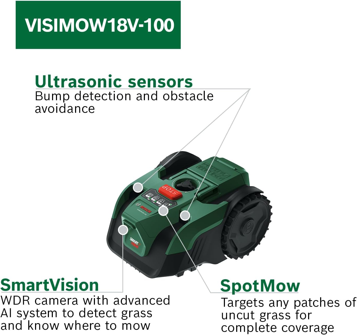 Bosch Cordless Robot Lawn Mower VISIMOW18V-100 (For Lawns up to 100 m², Cutting Width: 16 cm, Height of Cut: 20-60 mm, incl Battery and Charger)