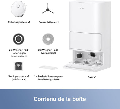 MOVA E30 Ultra Robot Vacuum Cleaner and Floor Washer, 7000Pa with Automatic Emptying, Anti-Tangle, Self-cleaning Cloth, 10.5 mm Lifting and Ultrasonic Carpet Detection, White