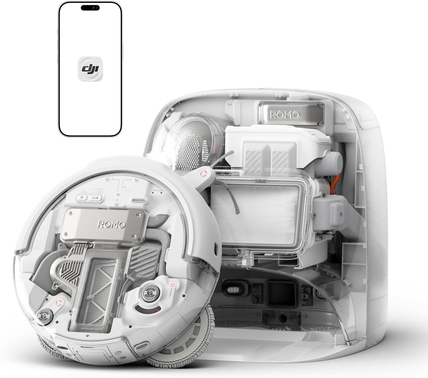 DJI ROMO P Robot Vacuum Cleaner and Mop With Transparent Design, 25,000 Pa Suction, Drone-Level Sensing, Dual Robotic Arms, 200-Day Maintenance-Free Operation, Customizable Mopping Solutions