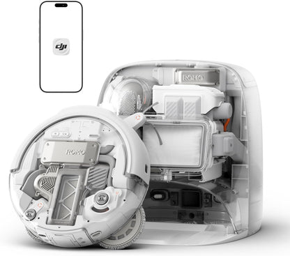 DJI ROMO P Robot Vacuum Cleaner and Mop With Transparent Design, 25,000 Pa Suction, Drone-Level Sensing, Dual Robotic Arms, 200-Day Maintenance-Free Operation, Customizable Mopping Solutions