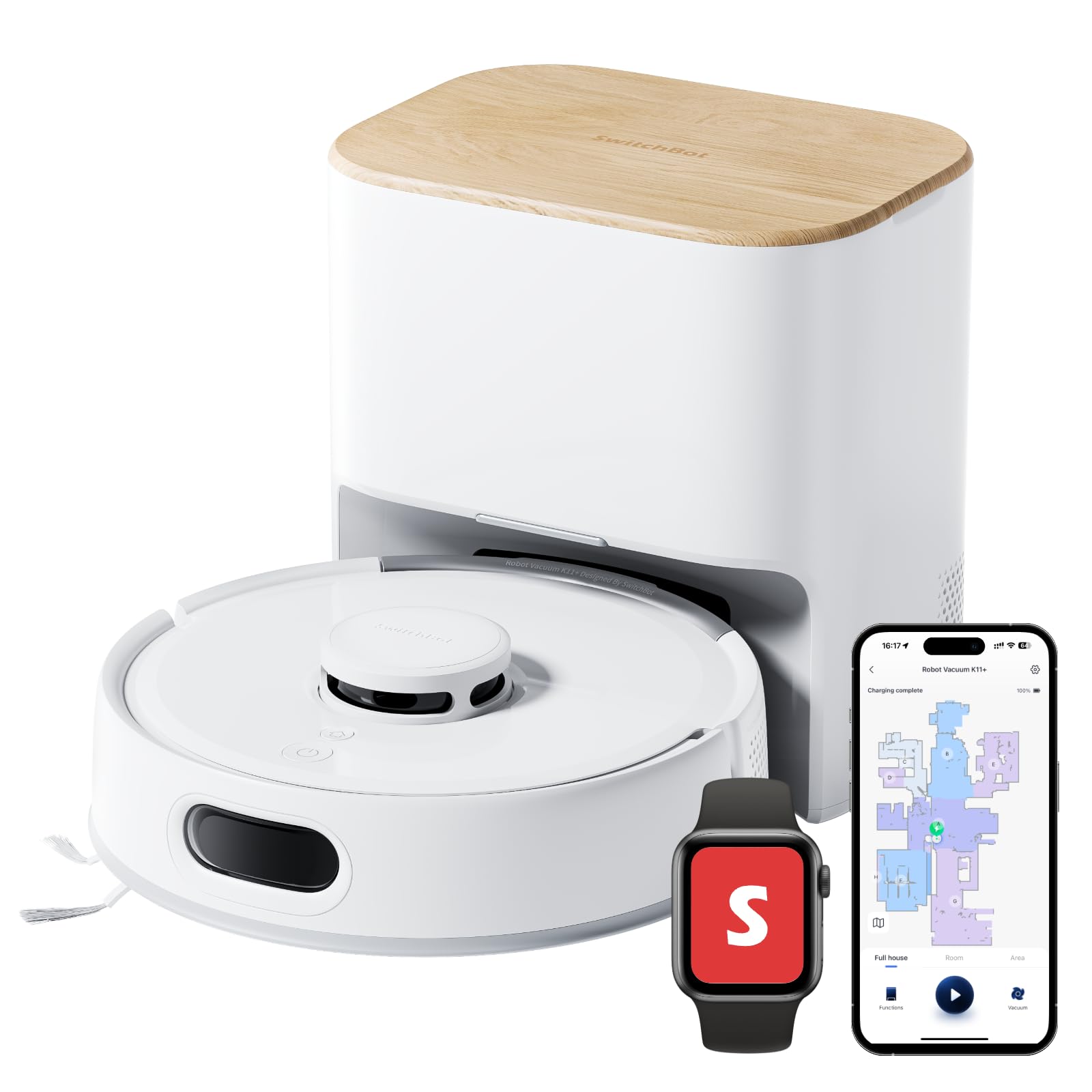 SwitchBot K10+ Pro Combo Robot Vacuum with Dual Auto-Empty Dock for 70 Days of Cleaning, Cordless Vacuum Cleaner with LED Headlights for Household Pet Hair, 45dB Ultra Quiet, Compatible with Alexa