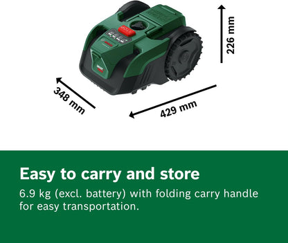 Bosch Cordless Robot Lawn Mower VISIMOW18V-100 (For Lawns up to 100 m², Cutting Width: 16 cm, Height of Cut: 20-60 mm, incl Battery and Charger)