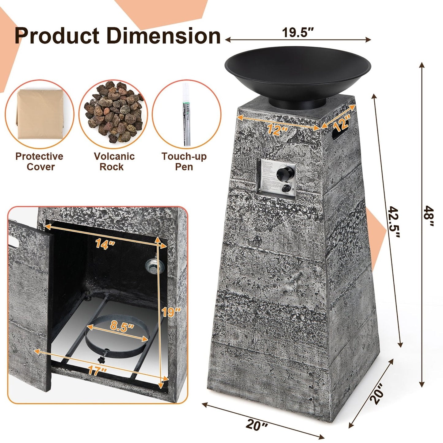 Costway 48 Inch Propane Fire Bowl Column with Lava Rocks and PVC Cover