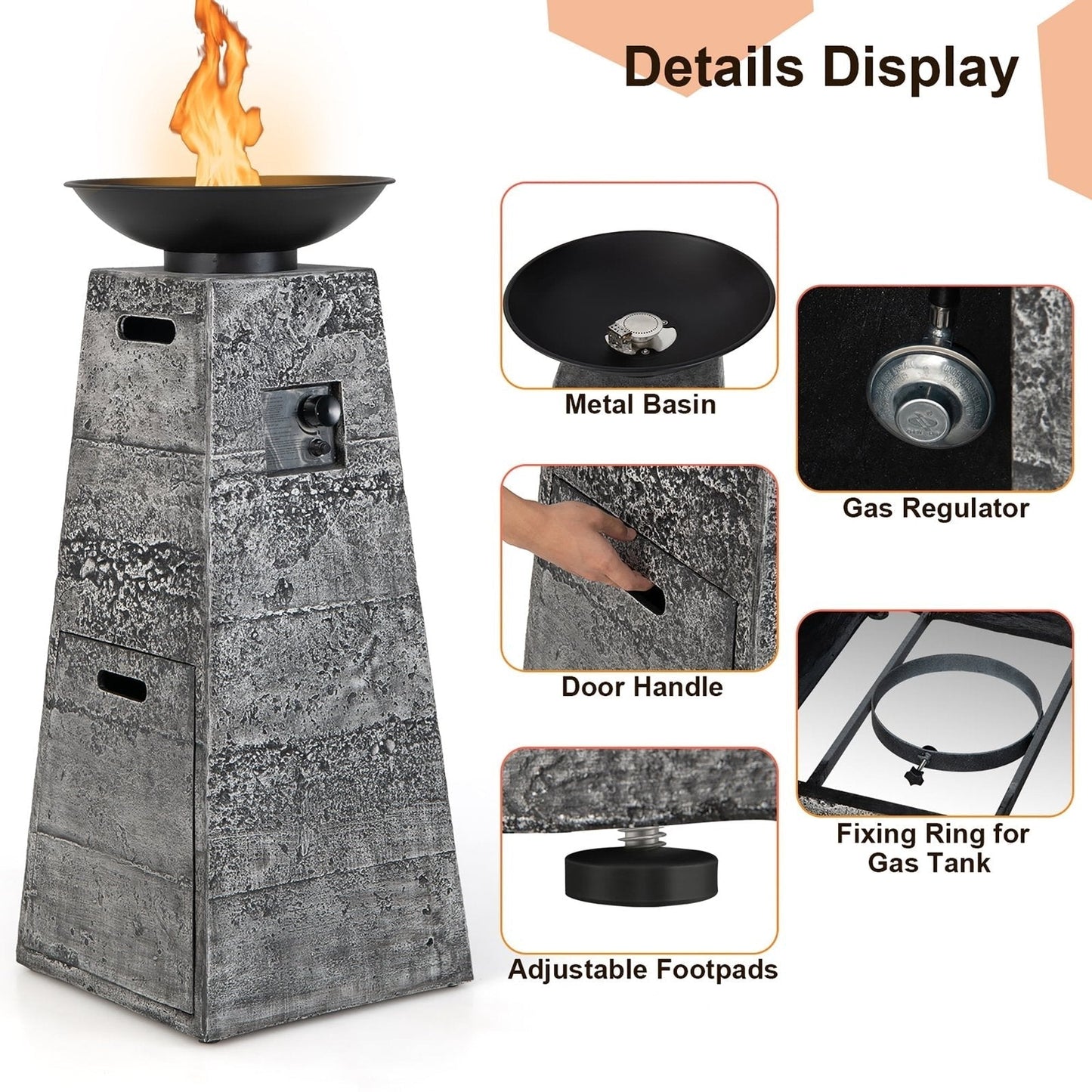 Costway 48 Inch Propane Fire Bowl Column with Lava Rocks and PVC Cover