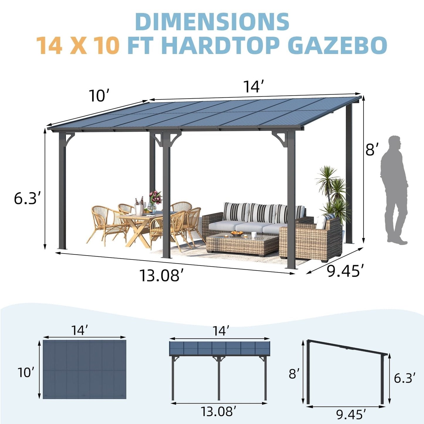 Aecojoy 10 ft. x 14 ft. Dark Gray Aluminum Patio Cover
