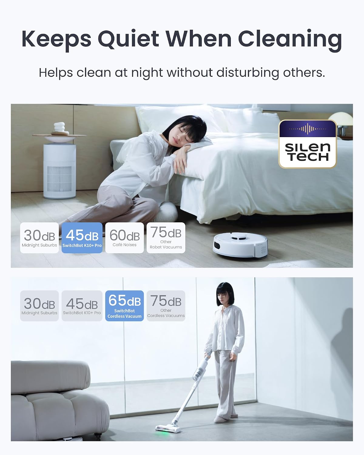 SwitchBot K10+ Pro Combo Robot Vacuum with Dual Auto-Empty Dock for 70 Days of Cleaning, Cordless Vacuum Cleaner with LED Headlights for Household Pet Hair, 45dB Ultra Quiet, Compatible with Alexa