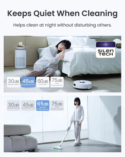 SwitchBot K10+ Pro Combo Robot Vacuum with Dual Auto-Empty Dock for 70 Days of Cleaning, Cordless Vacuum Cleaner with LED Headlights for Household Pet Hair, 45dB Ultra Quiet, Compatible with Alexa