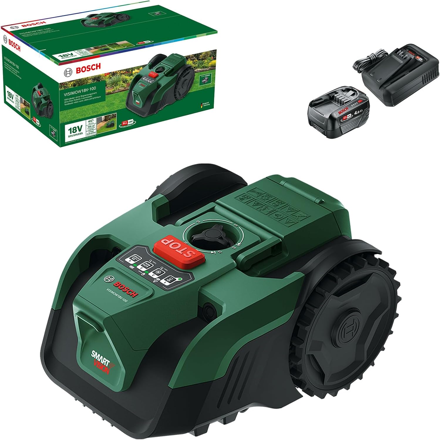 Bosch Cordless Robot Lawn Mower VISIMOW18V-100 (For Lawns up to 100 m², Cutting Width: 16 cm, Height of Cut: 20-60 mm, incl Battery and Charger)