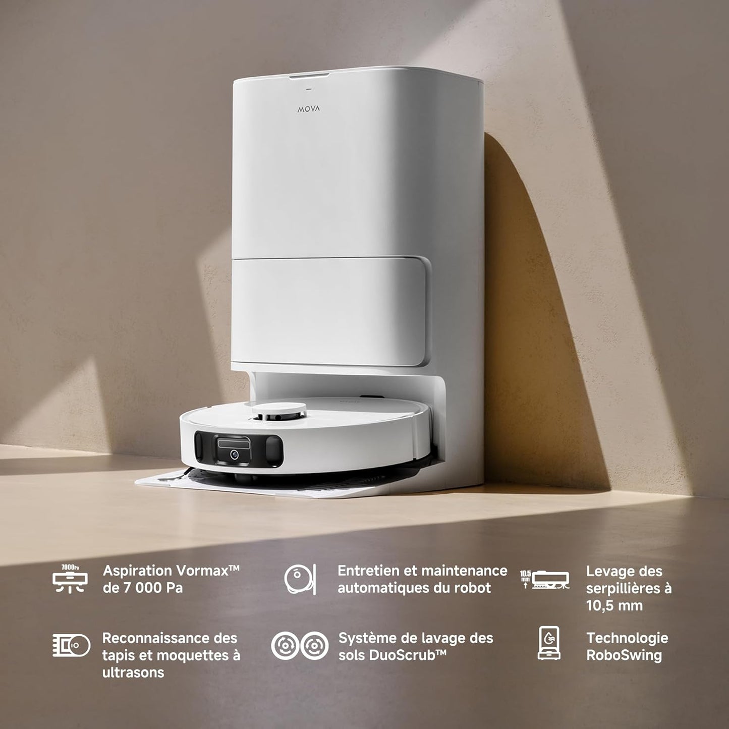 MOVA E30 Ultra Robot Vacuum Cleaner and Floor Washer, 7000Pa with Automatic Emptying, Anti-Tangle, Self-cleaning Cloth, 10.5 mm Lifting and Ultrasonic Carpet Detection, White