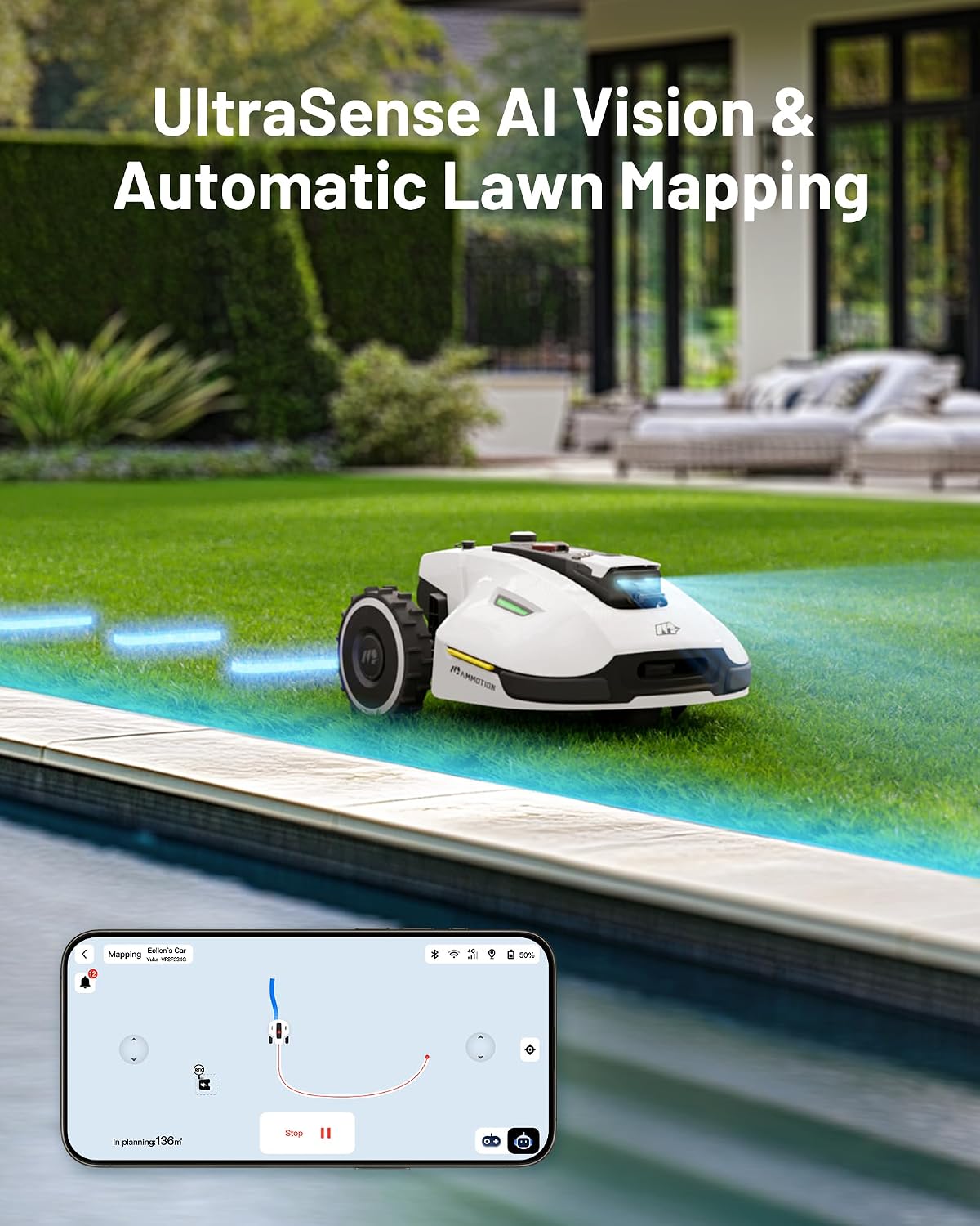MAMMOTION YUKA 2000 Robot Lawn Mower, Perimeter Wire Free, Recommended 2000 m², Max.2400 m², Equipped with ​UltraSense AI Vision, Handles ​45% Slopes, Cutting Heights 20-90mm, Automatic Mapping