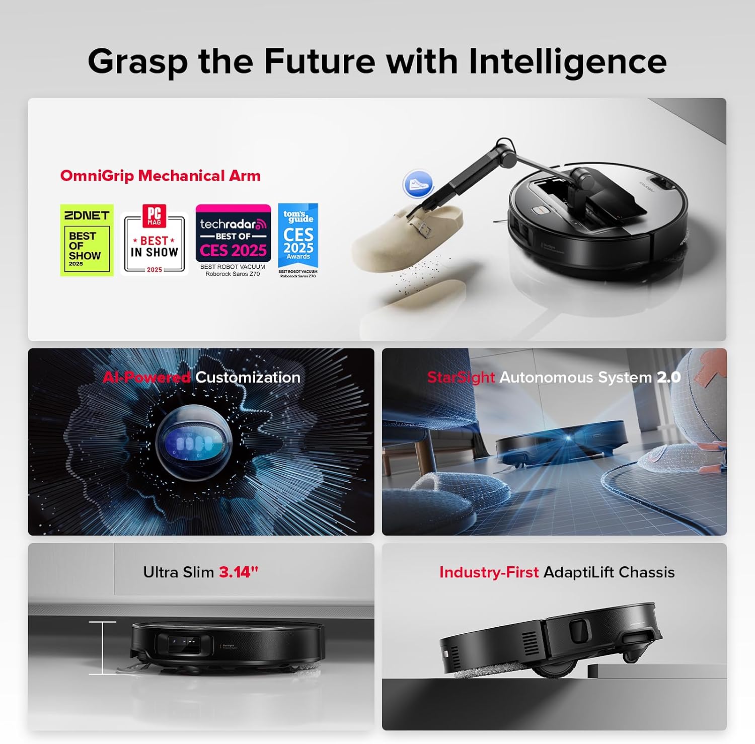 roborock Saros Z70 Robot Vacuum and Mop, OmniGrip Mechanical Arm, AI-Powered, 22,000Pa, 3.14'' Ultra Slim, FlexiArm Riser Technology, AdaptiLift Chassis, Obstacle Avoidance, Multifunctional Dock 4.0