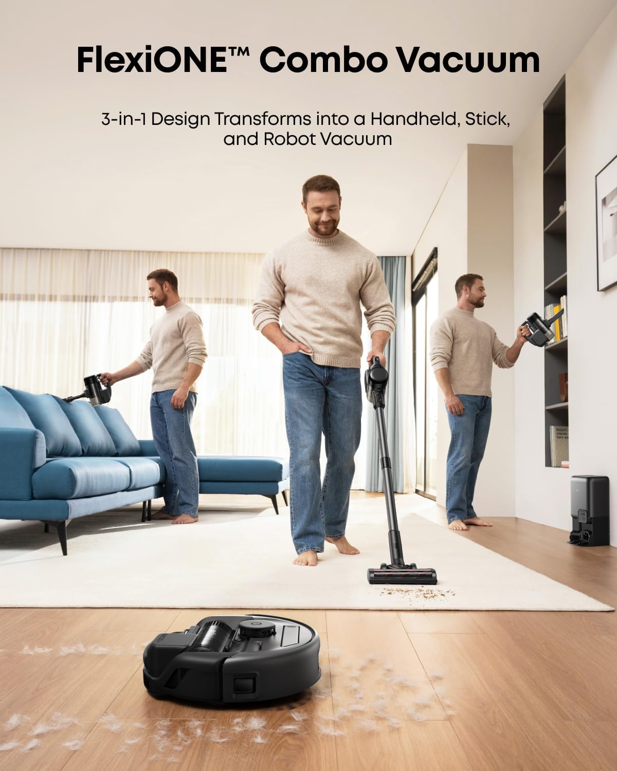 eufy Robot Vacuum 3-in-1 E20, Self Emptying Up to 75 days, Max 30,000 Pa Powerful Suction, Stick and Handheld Vacuum Cleaner Combo, Smart Obstacle Avoidance, Pro-Detangle, Perfect for Carpet, Stairs