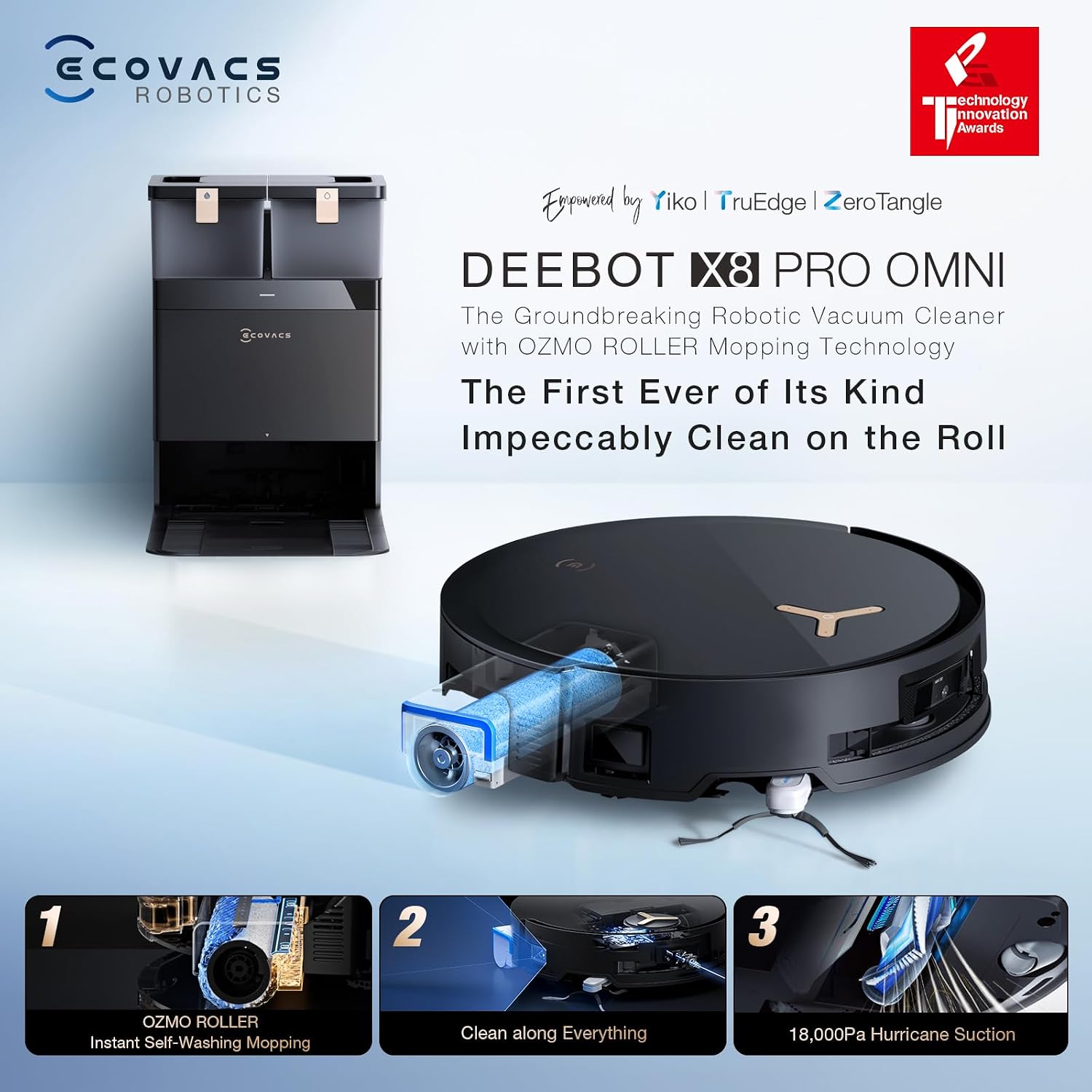 ECOVACS DEEBOT X8 PRO OMNI Robot Vacuum and Mop, 18000Pa, OZMO ROLLER Instant Self-Washing Mopping, 40-75℃ Hot Water Mop Washing, Auto Cleaning Solution Adding, Hot Air-Drying, Self-Emptying, Black