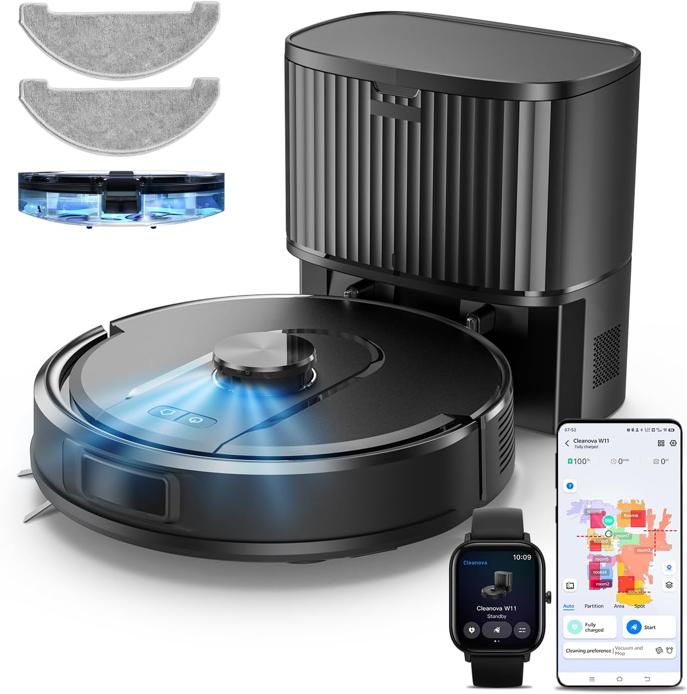 Vexilar Self-Emptying Robot Vacuum Cleaner with Mop, Laser Navigation, Up to 60 Days of Hands-Free Cleaning, 180 Mins Runtime, Strong 10000Pa Suction Robot Vacuum to Clean Floors, Carpets, Pet Hair