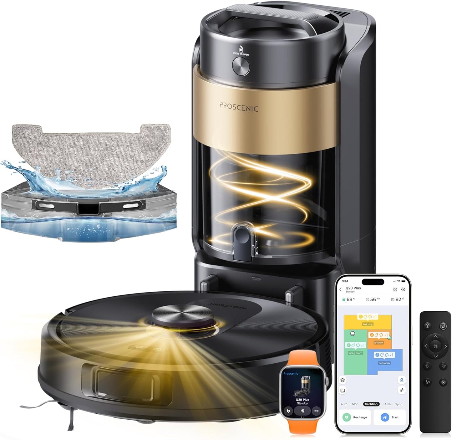 Proscenic Q20 Plus Robot Vacuum Cleaner Washer 10000Pa with Bagless Station Automatic Emptying, 200Min Robot Vacuum Cleaner and Mop, Nav Lidar Mapping, Obstacle Avoidance, For Pet Hair Rugs