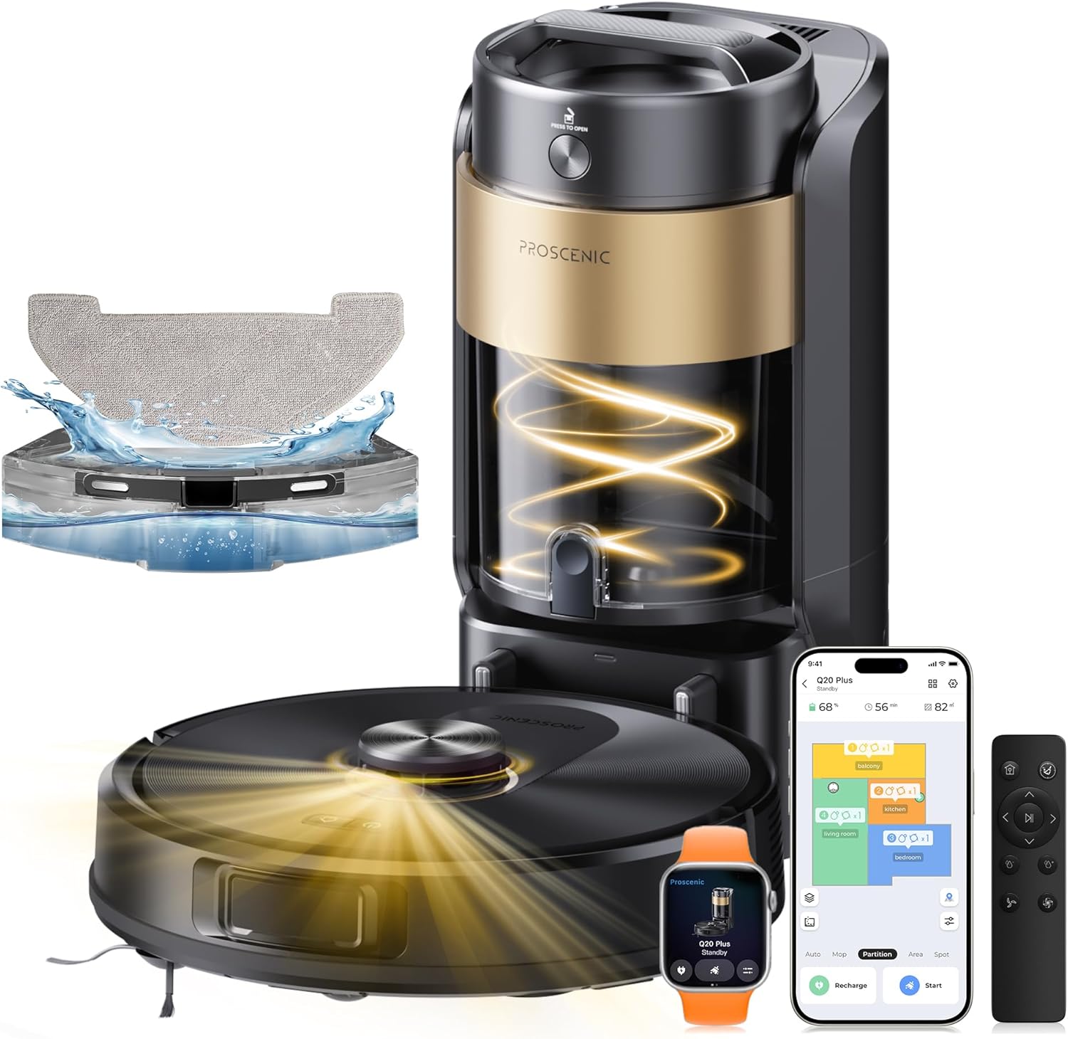 Proscenic Q20 Plus Robot Vacuum Cleaner Washer 10000Pa with Bagless Station Automatic Emptying, 200Min Robot Vacuum Cleaner and Mop, Nav Lidar Mapping, Obstacle Avoidance, For Pet Hair Rugs