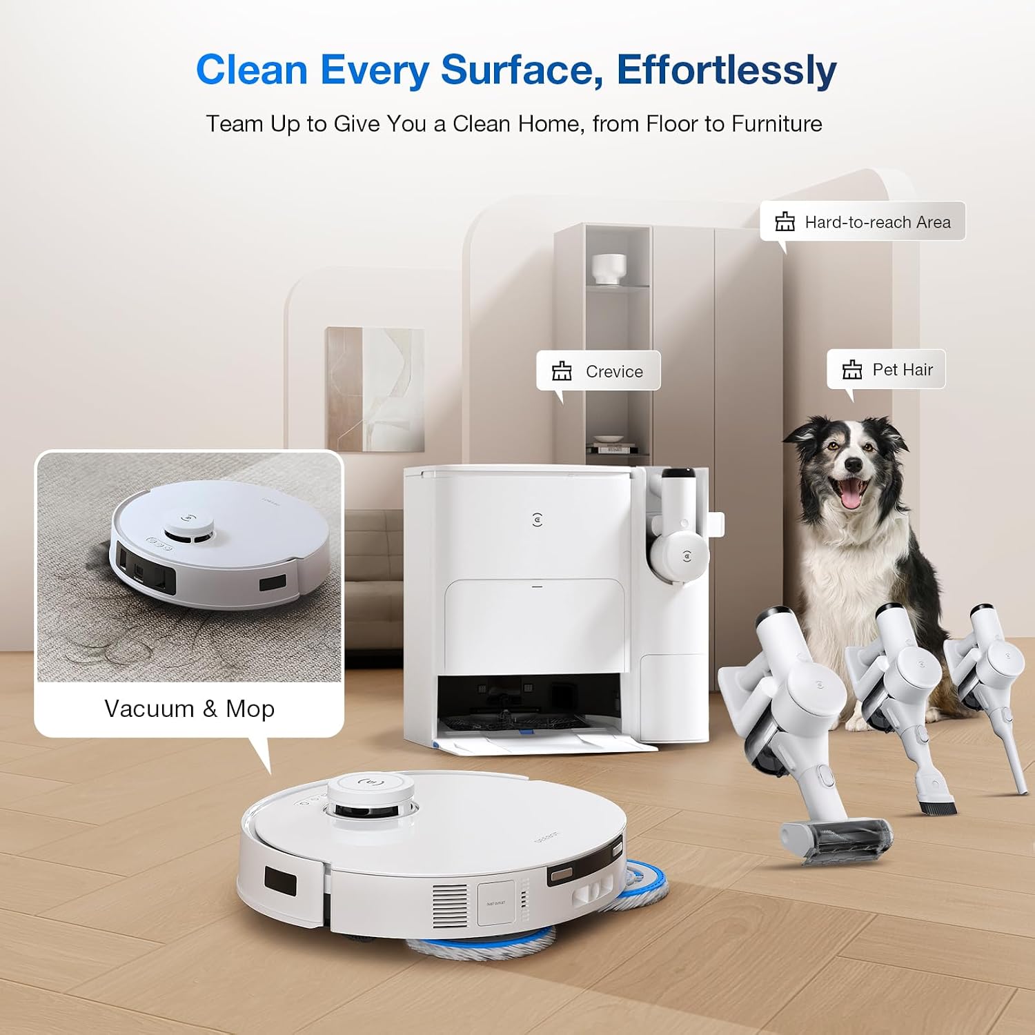 ECOVACS DEEBOT T30S COMBO Robot Vacuum Cleaner 11000Pa with Handheld Vacuum, Dual Auto Empty/15mm Auto Mop Lifting/Hot Water Mop Washing/Hot Air Mop Drying, AI-Obstacle Avoidance