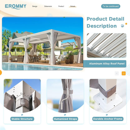Erommy Outdoor Louvered Pergola Gazebo with Adjustable Aluminum Rainproof Roof