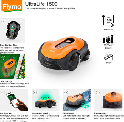 Flymo UltraLife 1500 Robotic Lawnmower – Automated Cutting, Cut-To-Edge Precision,Dual-Cutting, Smart Technology, Wireless Connectivity, Lush Green Lawn Finish, Perfect for medium to large sized lawns