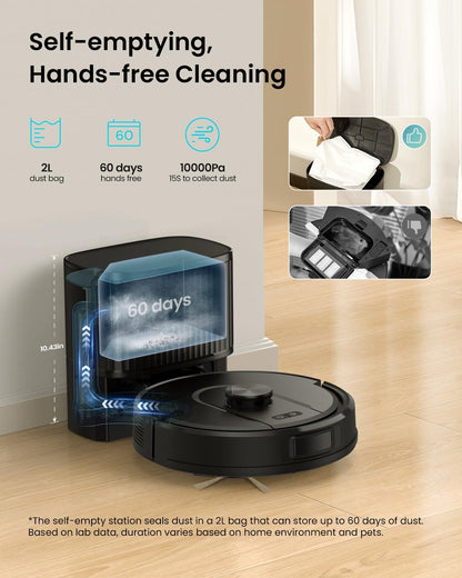 Vexilar Self-Emptying Robot Vacuum Cleaner with Mop, Laser Navigation, Up to 60 Days of Hands-Free Cleaning, 180 Mins Runtime, Strong 10000Pa Suction Robot Vacuum to Clean Floors, Carpets, Pet Hair