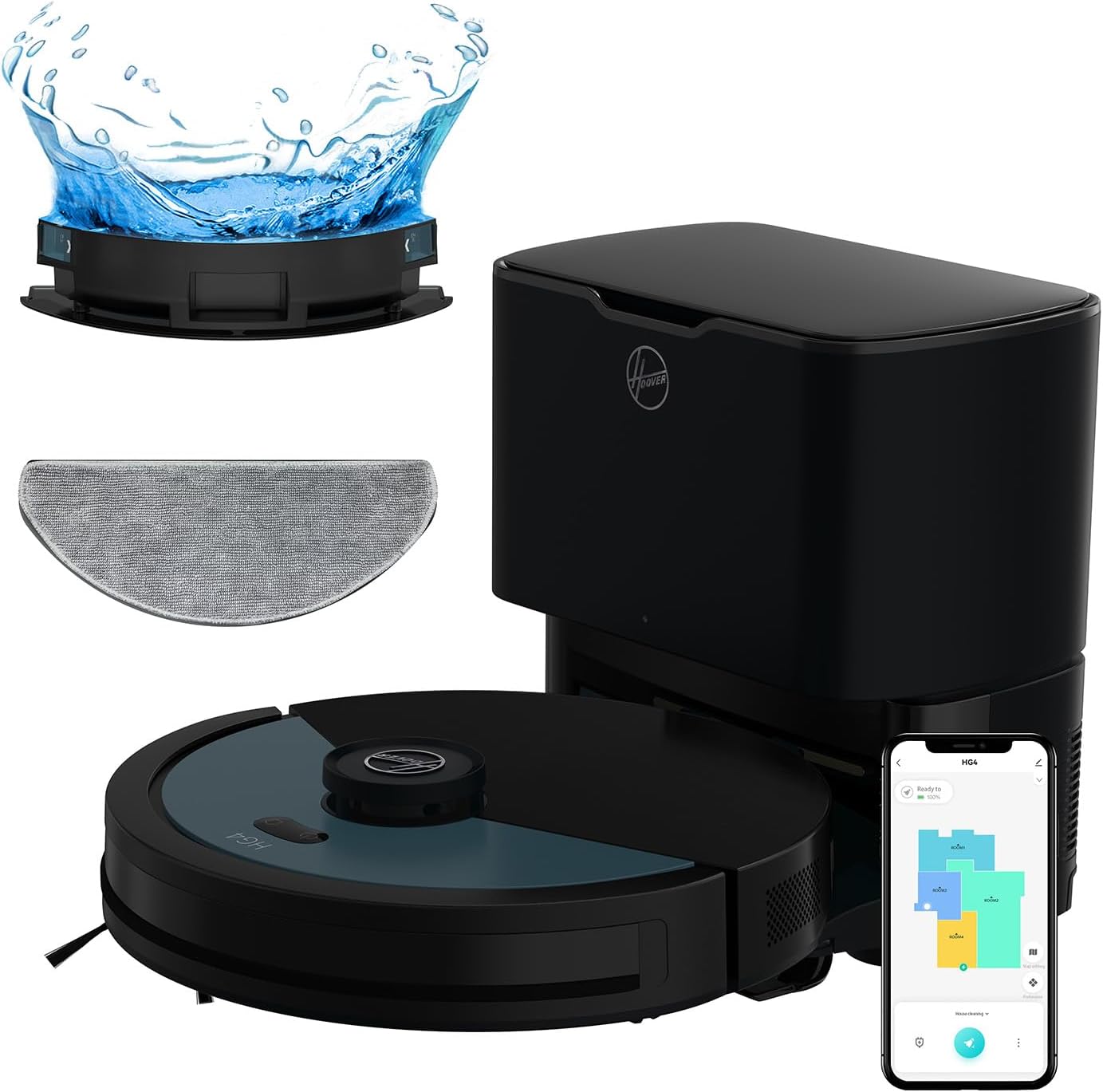 Hoover HG4 Hydro Pro Robot Vacuum & Mopping Cleaner, Up to 4000Pa Suction, Laser Navigation, Wi-Fi, Self-Emptying and Charging Base, Obstacle Sensor, Customisable Home Map [HG450HP]
