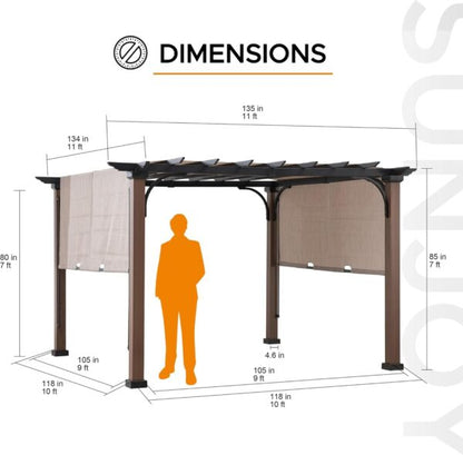 Sunjoy 11 x 11 ft Metal Pergola with Adjustable Tan Garden Shade