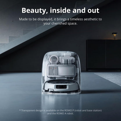 DJI ROMO P Robot Vacuum Cleaner and Mop With Transparent Design, 25,000 Pa Suction, Drone-Level Sensing, Dual Robotic Arms, 200-Day Maintenance-Free Operation, Customizable Mopping Solutions