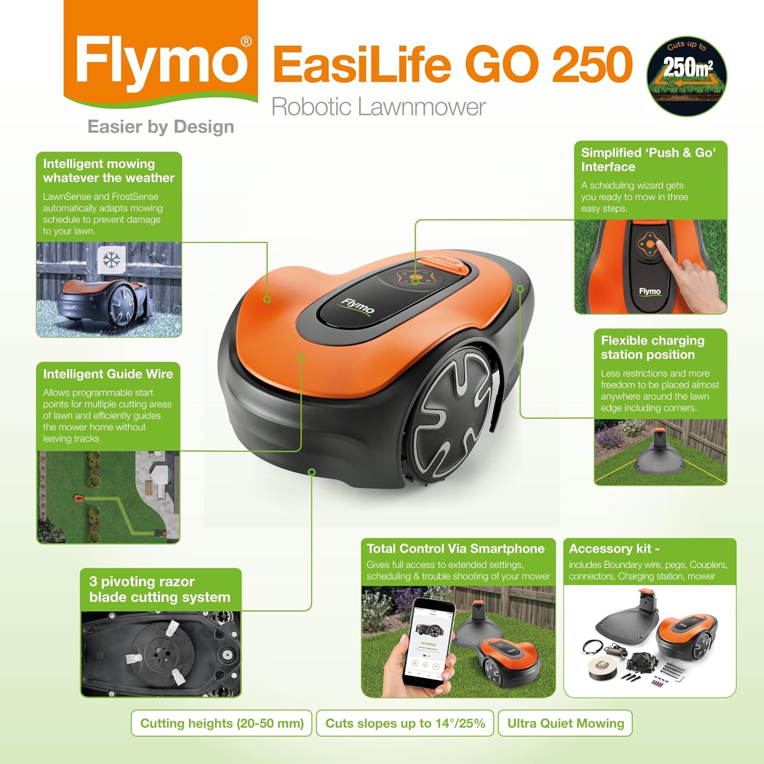 Flymo EasiLife 250 GO Robotic Lawn Mower - Cuts Up to 250 sq m, Ultra Quiet Mowing, Manicured Lawn, Bluetooth Application Control, Safety Sensors, Hose Washable, Lifestyle Functions, Orange and Grey