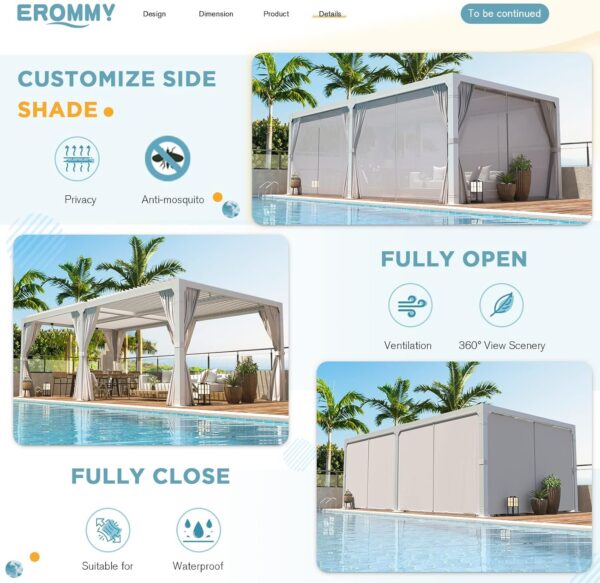 Erommy Outdoor Louvered Pergola Gazebo with Adjustable Aluminum Rainproof Roof