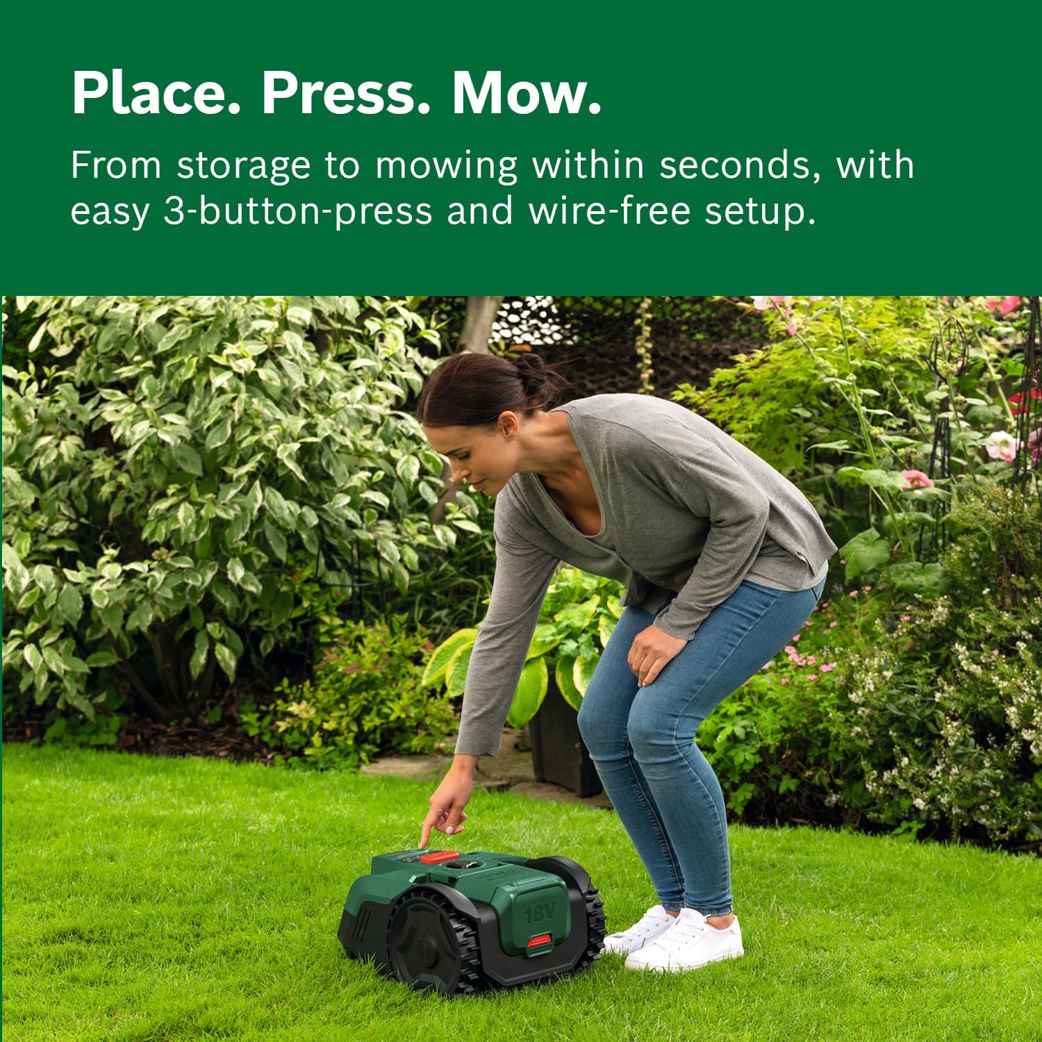 Bosch Cordless Robot Lawn Mower VISIMOW18V-100 (For Lawns up to 100 m², Cutting Width: 16 cm, Height of Cut: 20-60 mm, incl Battery and Charger)