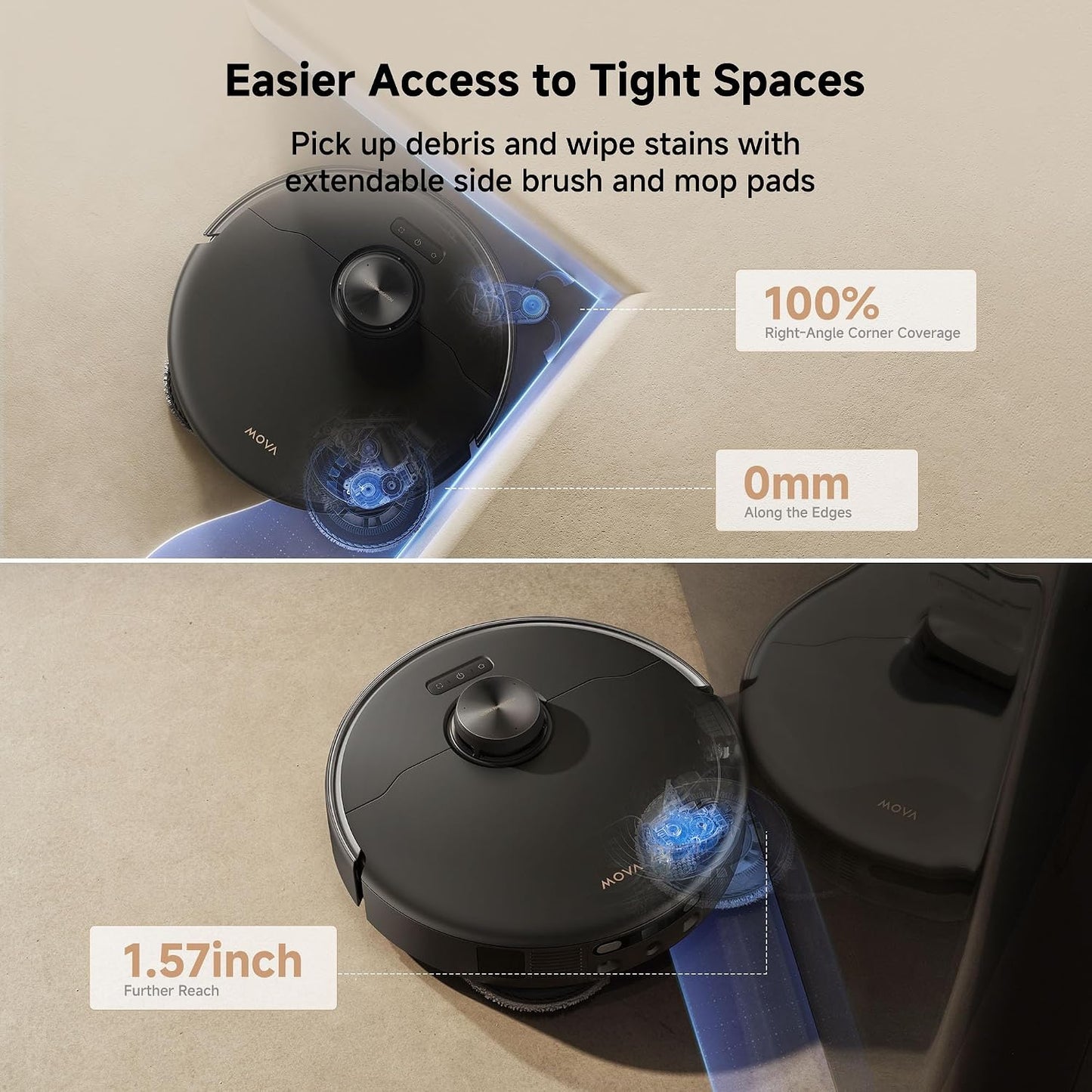 Mova P50 Pro Ultra Robot Vacuum Cleaner and Mop, 19,000 Pa Suction with Tangle Free Brush, Removable and Lift Mop for Carpet and Floor, Mop and Washing Board 167 °F, Drying and