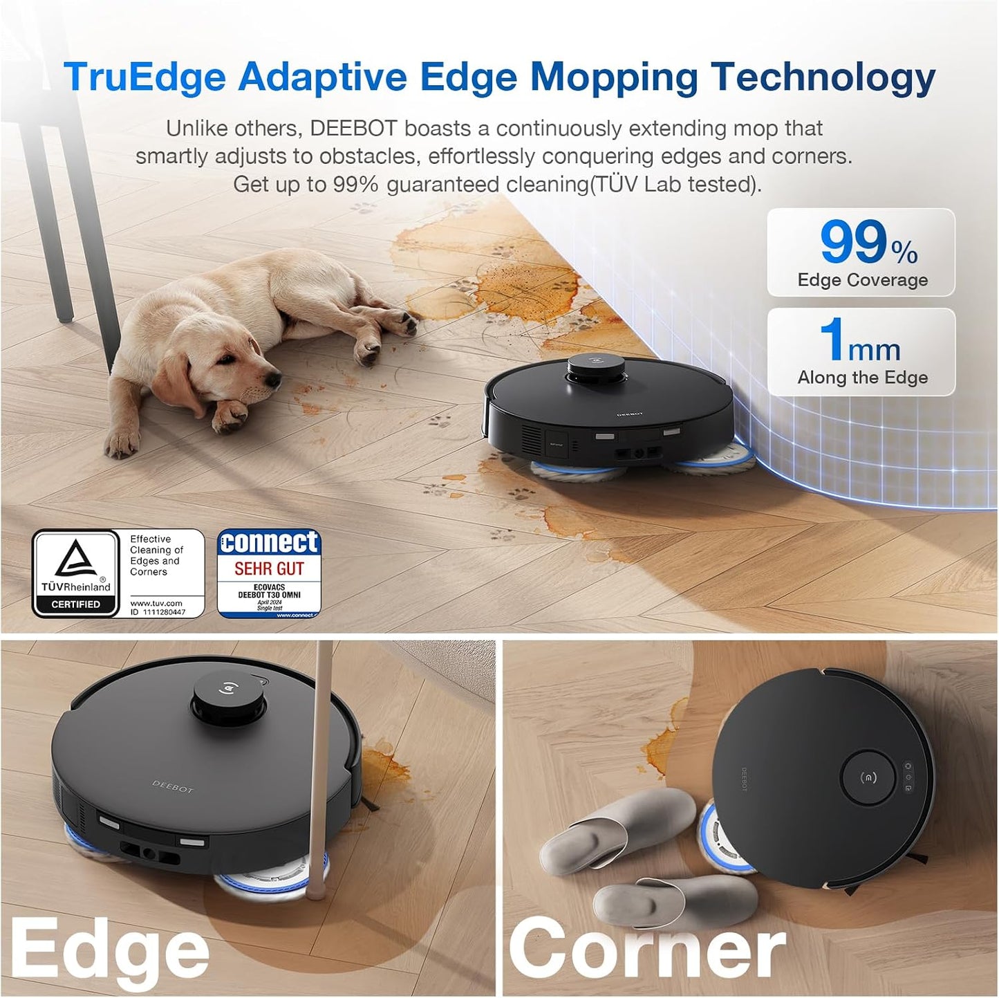 ECOVACS DEEBOT T30 OMNI Robot Vacuum Cleaner with Mini Station, TruEdge™ Adaptive Edge Mopping, ZeroTangl Brush Design, 11,000 PA, Hot Water Mop Washing