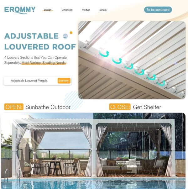Erommy Outdoor Louvered Pergola Gazebo with Adjustable Aluminum Rainproof Roof