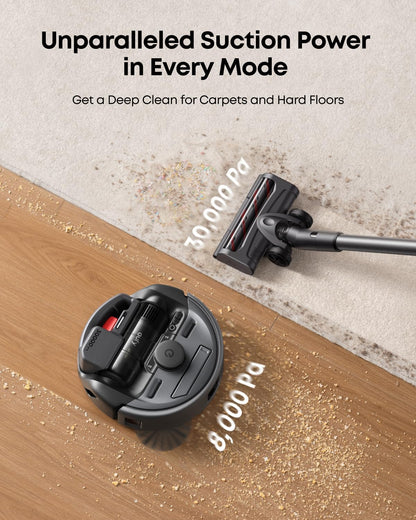 eufy Robot Vacuum 3-in-1 E20, Self Emptying Up to 75 days, Max 30,000 Pa Powerful Suction, Stick and Handheld Vacuum Cleaner Combo, Smart Obstacle Avoidance, Pro-Detangle, Perfect for Carpet, Stairs