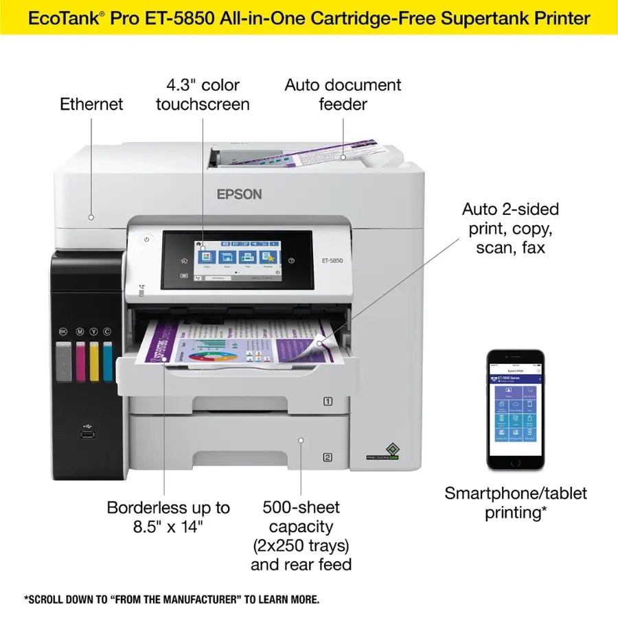 Epson EcoTank Pro ET-5850 Wireless Color All-in-One Supertank Printer C11CJ29201