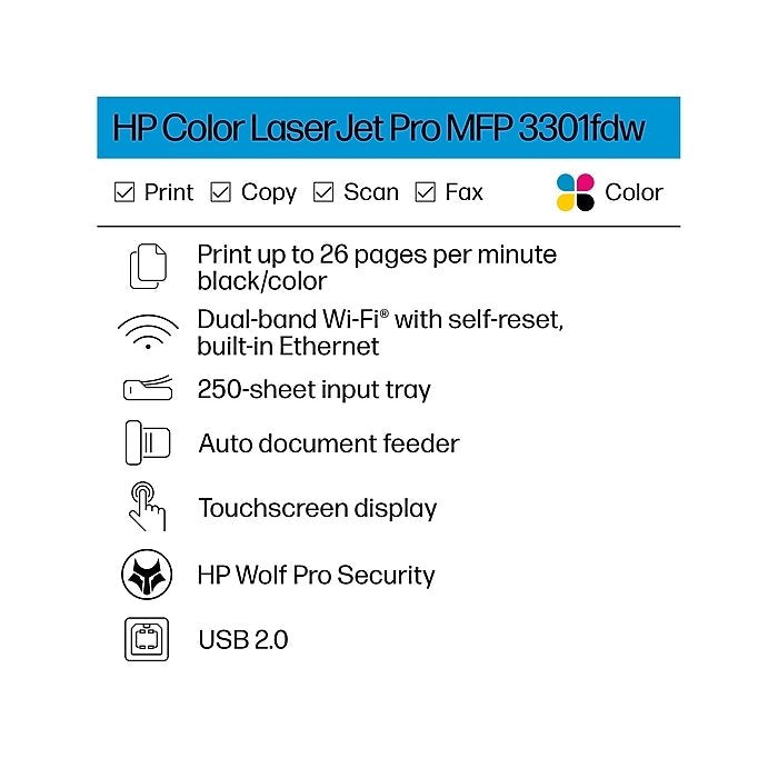 HP Color LaserJet Pro MFP 3301fdw | Color | Print, copy, scan, fax | Wireless | 499Q5F#BGJ