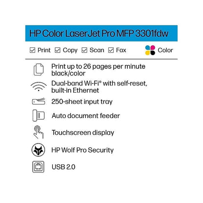 HP Color LaserJet Pro MFP 3301fdw | Color | Print, copy, scan, fax | Wireless | 499Q5F#BGJ