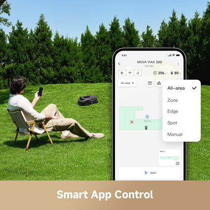 MOVA ViAX 300 Robot Lawnmower without Boundary, Recommended 300 ㎡, AI-Assisted Auto Mapping, U-Shape Path Planning, Dual-Vision Obstacle Avoidance, Edge Cutting, Complex Terrain, App Control
