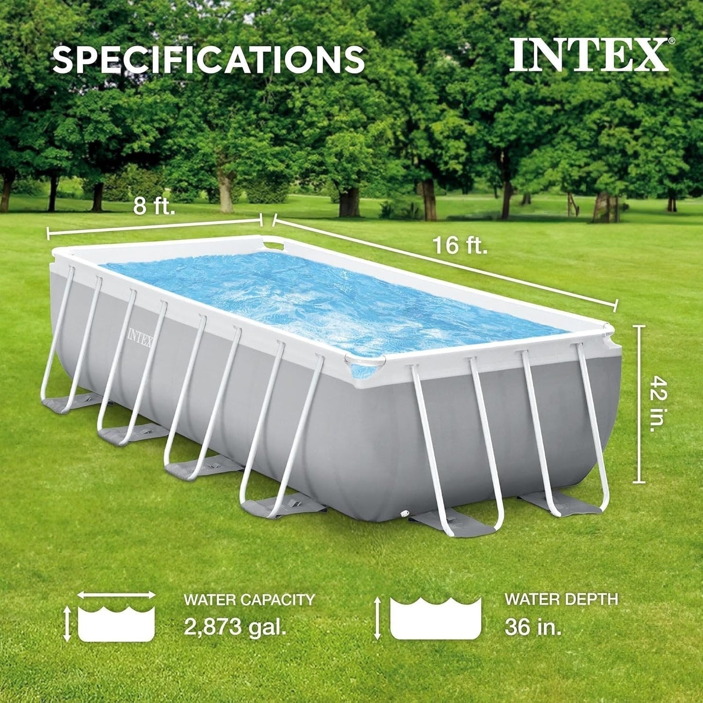 Intex Prism Frame 16′ x 8′ x 42′ Rectangular Above Ground Pool Set