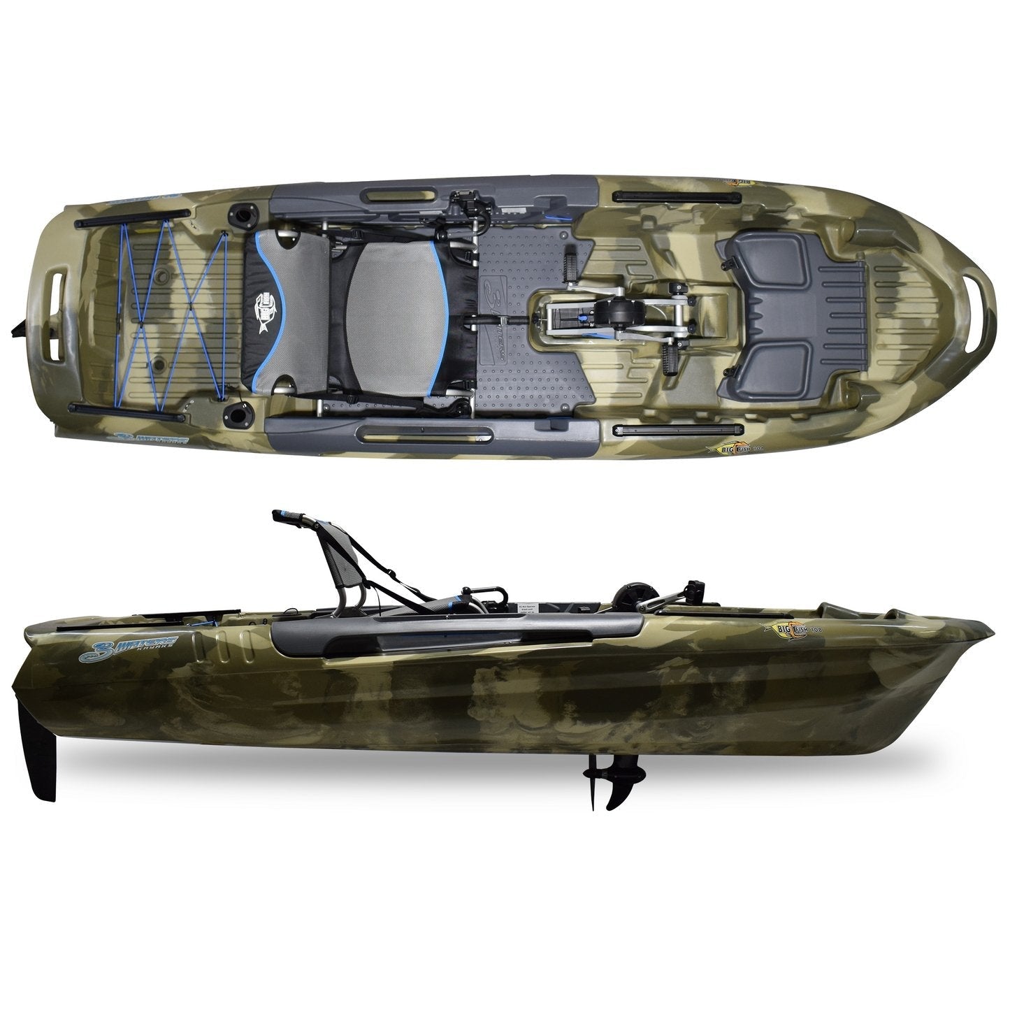 3 Waters Big Fish 108′ Length Urban Camo Pro Fish Pedal Drive Cathedral Hull