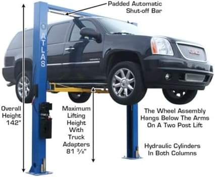 ATLAS Automotive Equipment 9OHSC-SS 2-Post Vehicle Overhead Lift, 11’9” Minimum Ceiling Height, 9,000lb Capacity, Clear Floor, 11’10” Height, 3-Stage Front and 2-Stage Rear Arms, for DIY/Hobbyists
