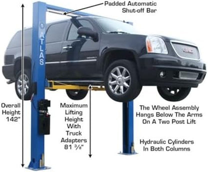 ATLAS Automotive Equipment 9OHSC-SS 2-Post Vehicle Overhead Lift, 11’9” Minimum Ceiling Height, 9,000lb Capacity, Clear Floor, 11’10” Height, 3-Stage Front and 2-Stage Rear Arms, for DIY/Hobbyists