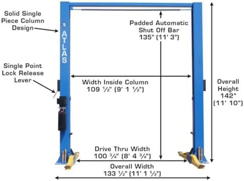 ATLAS Automotive Equipment 9OHSC-SS 2-Post Vehicle Overhead Lift, 11’9” Minimum Ceiling Height, 9,000lb Capacity, Clear Floor, 11’10” Height, 3-Stage Front and 2-Stage Rear Arms, for DIY/Hobbyists