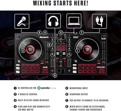 Numark Mixtrack Platinum FX Serato DJ Controller with Jog Wheel Displays, 4 Decks, Mixer, Effects Paddles and (Audio Interface)