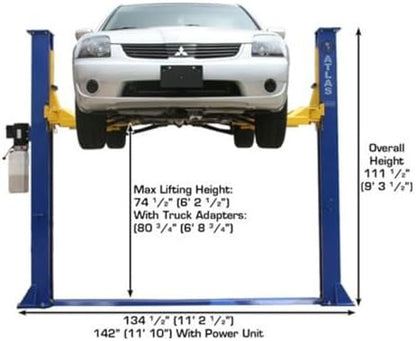 ATLAS Automotive Equipment 9KBPX 2-Post Lift/Hoist, Baseplate Style, 9’6″ Minimum Ceiling Height, 9,000lb Capacity, Symmetric Arms, Dual Hydraulic Chain Drive Cylinders, for Low Ceiling Home Use